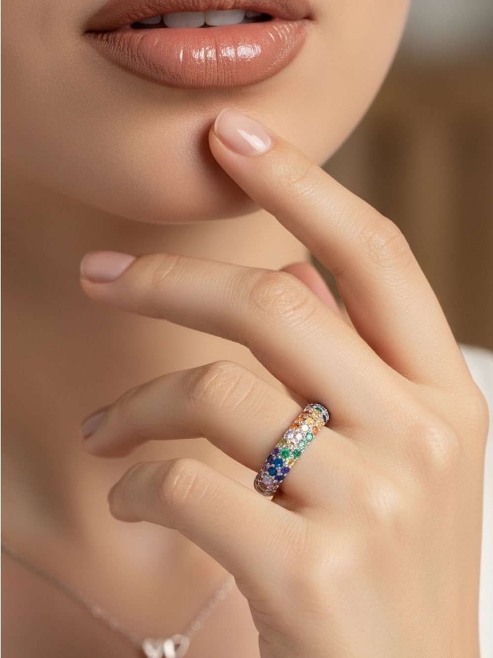S925 Sterling Silver Rainbow Pavé CZ Gemstone Band Ring.